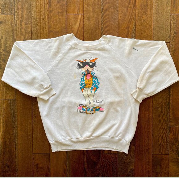 80s vintage COOL CAT graphic thrashed distressed faded cotton pullover sweater - Picture 1 of 10